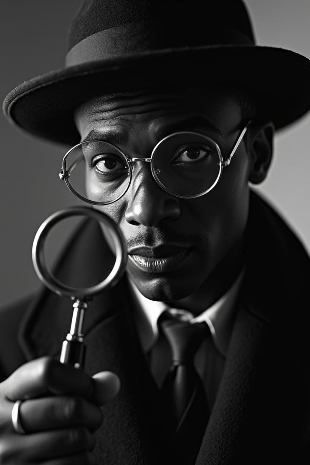 black and white 35mm film of man as a 1920s silent film  sleuth with magnifying glass, wearing a deerstalker hat and cape, exaggerated suspicious expression, dramatic shadows, black and white with film scratches, mysterious crime scene setting