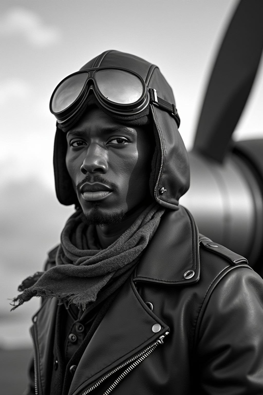 black and white 35mm film of man as a 1920s silent film  aviator wearing leather flight jacket and goggles, dramatic wind-blown scarf, triumphant expression, airplane propeller visible in frame, high-contrast black and white, cloudy sky backdrop