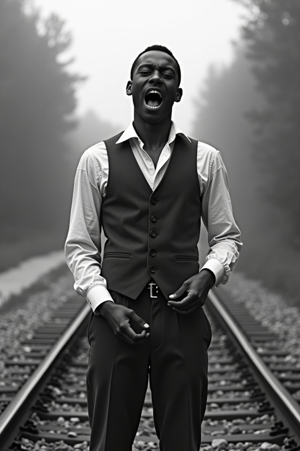 black and white 35mm film of man as a 1920s silent film  hero on railroad tracks, wearing a period waistcoat and trousers, exaggerated fearful expression, melodramatic pose, vignette effect, black and white with silent film aesthetic, title card nearby