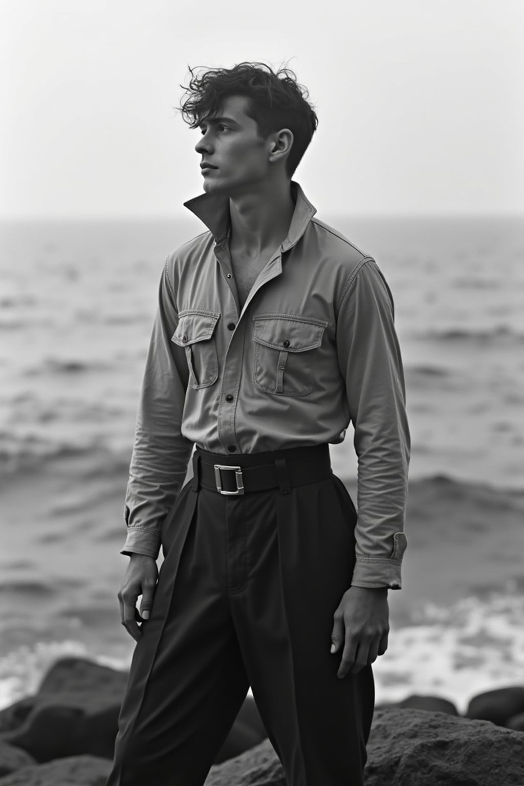 black and white 35mm film of man as a 1920s silent film  shipwrecked sailor on rocky shore, wearing tattered uniform, melancholic expression gazing at sea, theatrical waves, black and white with dreamy soft focus, fantasy ocean backdrop