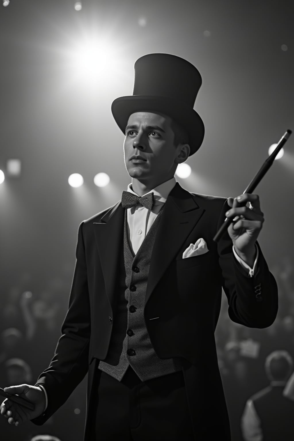 black and white 35mm film of man as a 1920s silent film  ringmaster in top hat and tails, directing with baton, exaggerated expression of showmanship, dramatic spotlight, black and white with vintage film texture, big top circus setting