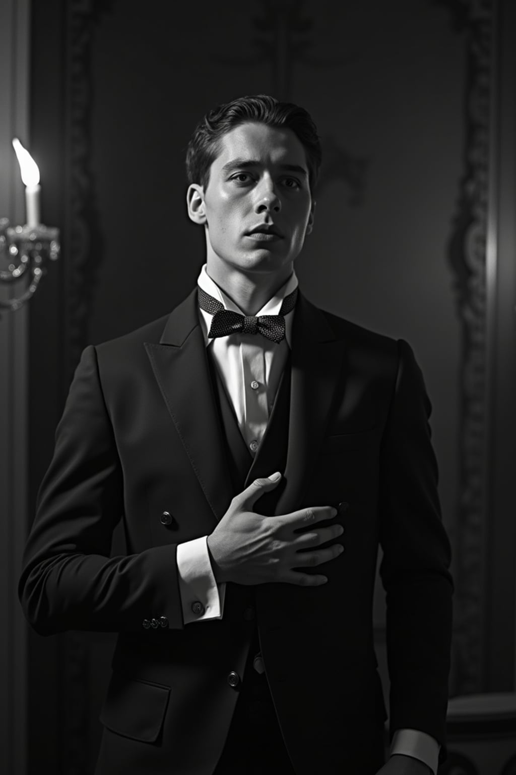 black and white 35mm film of man as a 1920s silent film  nobleman in distress, wearing a Victorian suit with cravat, reacting dramatically with hand to chest, theatrical staging, black and white with flickering film effect, opulent mansion interior