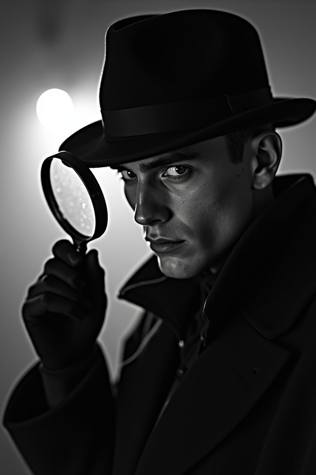 black and white 35mm film of man as a 1920s silent film  sleuth with magnifying glass, wearing a deerstalker hat and cape, exaggerated suspicious expression, dramatic shadows, black and white with film scratches, mysterious crime scene setting