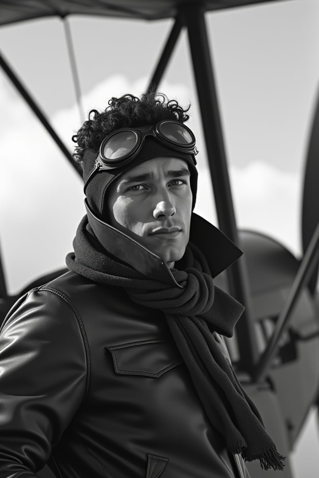 black and white 35mm film of man as a 1920s silent film  aviator wearing leather flight jacket and goggles, dramatic wind-blown scarf, triumphant expression, airplane propeller visible in frame, high-contrast black and white, cloudy sky backdrop