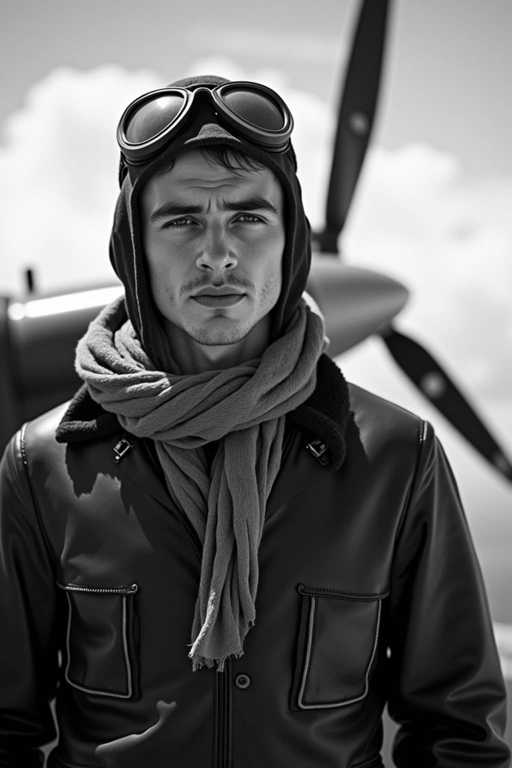 black and white 35mm film of man as a 1920s silent film  aviator wearing leather flight jacket and goggles, dramatic wind-blown scarf, triumphant expression, airplane propeller visible in frame, high-contrast black and white, cloudy sky backdrop