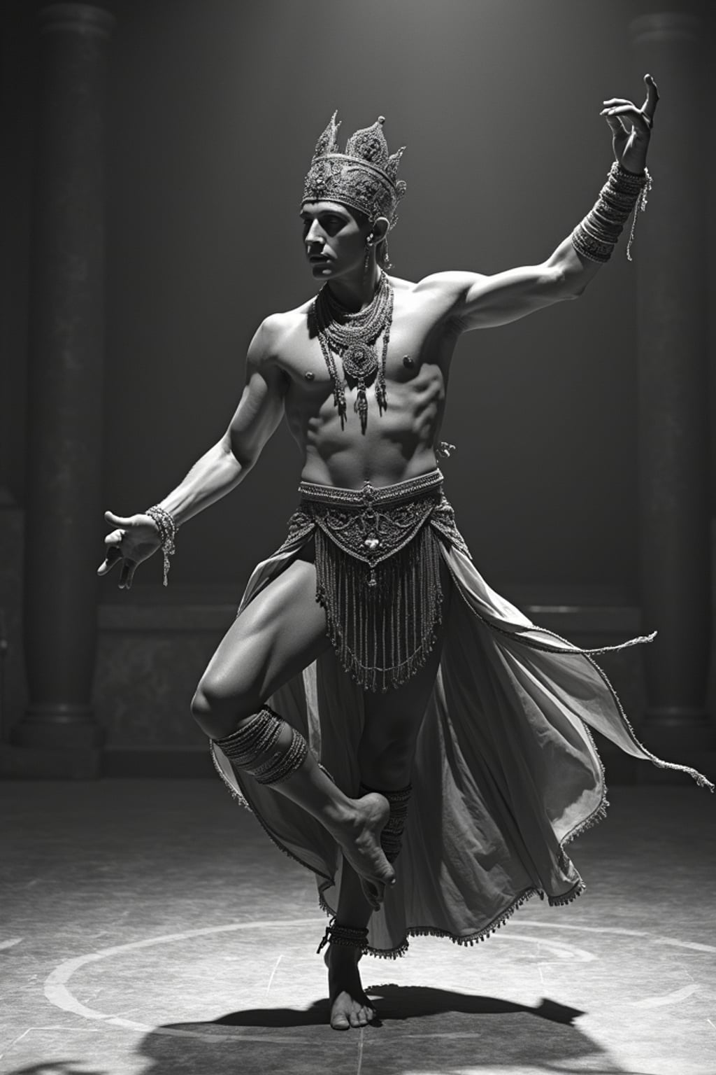 black and white 35mm film of man as a 1920s silent film  exotic prince in ornate costume, performing a ceremonial dance, exaggerated graceful pose, theatrical lighting, black and white with vintage film scratches, elaborate temple set design