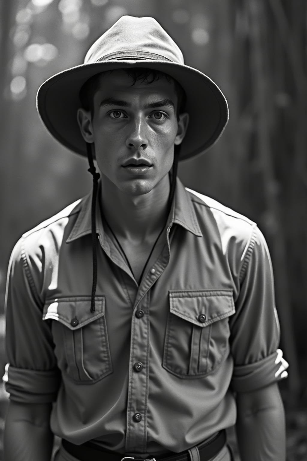 black and white 35mm film of man as a 1920s silent film  explorer in the style of early serials, wearing khaki explorer clothes with pith helmet, dramatic surprised expression, action pose, high-contrast black and white, jungle set with prop dangers