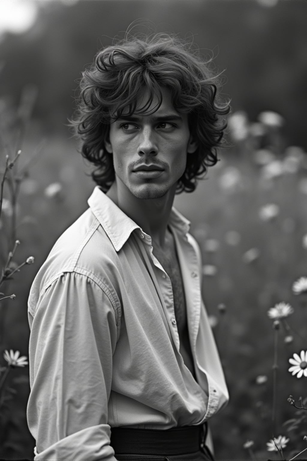 black and white 35mm film of man as a romantic lead in a silent film,  wearing a romantic poet's outfit with loose shirt, dreamy expression looking off-camera, soft focus effect, black and white with vintage film scratches, garden setting with flowers