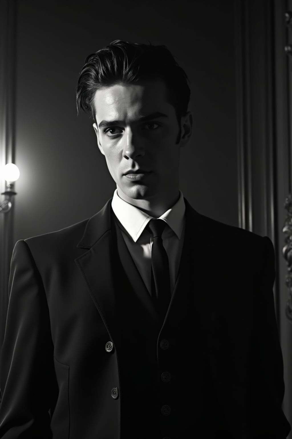 black and white 35mm film of man as a 1920s silent film  villain with dramatic side lighting, wearing a dark suit with slicked-back hair, theatrical menacing expression, high-contrast shadows, black and white with silent era film grain, ornate vintage setting