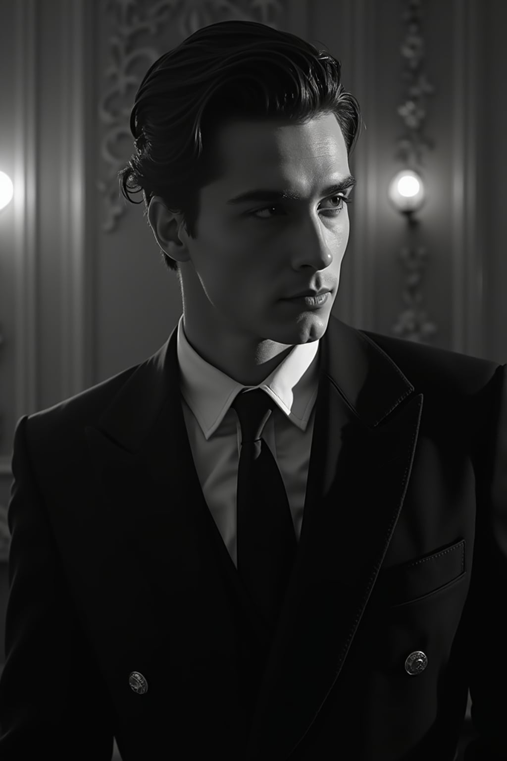black and white 35mm film of man as a 1920s silent film  villain with dramatic side lighting, wearing a dark suit with slicked-back hair, theatrical menacing expression, high-contrast shadows, black and white with silent era film grain, ornate vintage setting