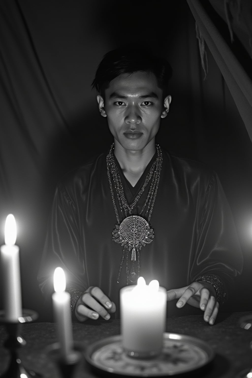 black and white 35mm film of man as a 1920s silent film  mystic performing a séance, wearing ornate robes with amulet, intense hypnotic stare, candles creating dramatic shadows, black and white with smoky vignette effect, fortune teller's tent setting