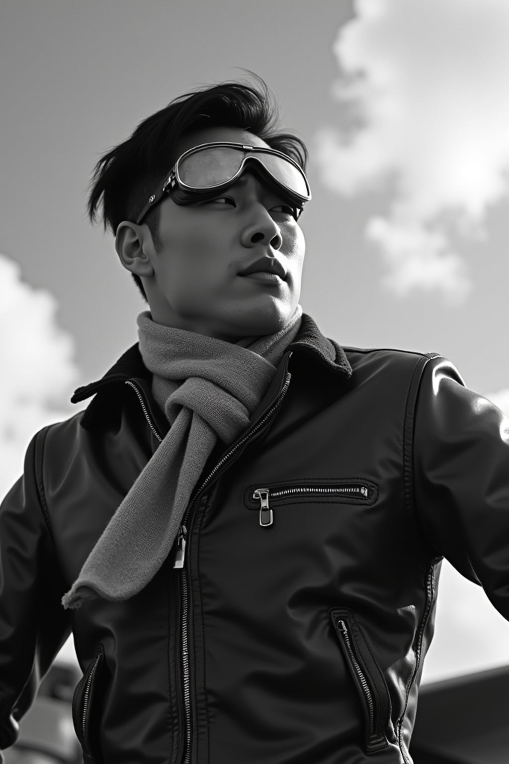 black and white 35mm film of man as a 1920s silent film  aviator wearing leather flight jacket and goggles, dramatic wind-blown scarf, triumphant expression, airplane propeller visible in frame, high-contrast black and white, cloudy sky backdrop