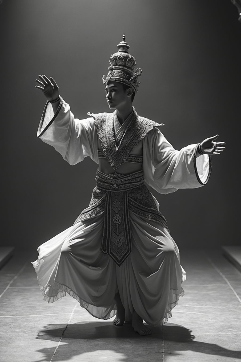 black and white 35mm film of man as a 1920s silent film  exotic prince in ornate costume, performing a ceremonial dance, exaggerated graceful pose, theatrical lighting, black and white with vintage film scratches, elaborate temple set design