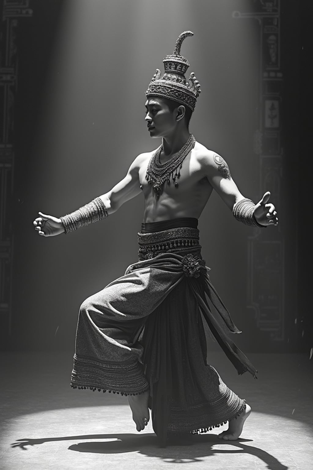 black and white 35mm film of man as a 1920s silent film  exotic prince in ornate costume, performing a ceremonial dance, exaggerated graceful pose, theatrical lighting, black and white with vintage film scratches, elaborate temple set design