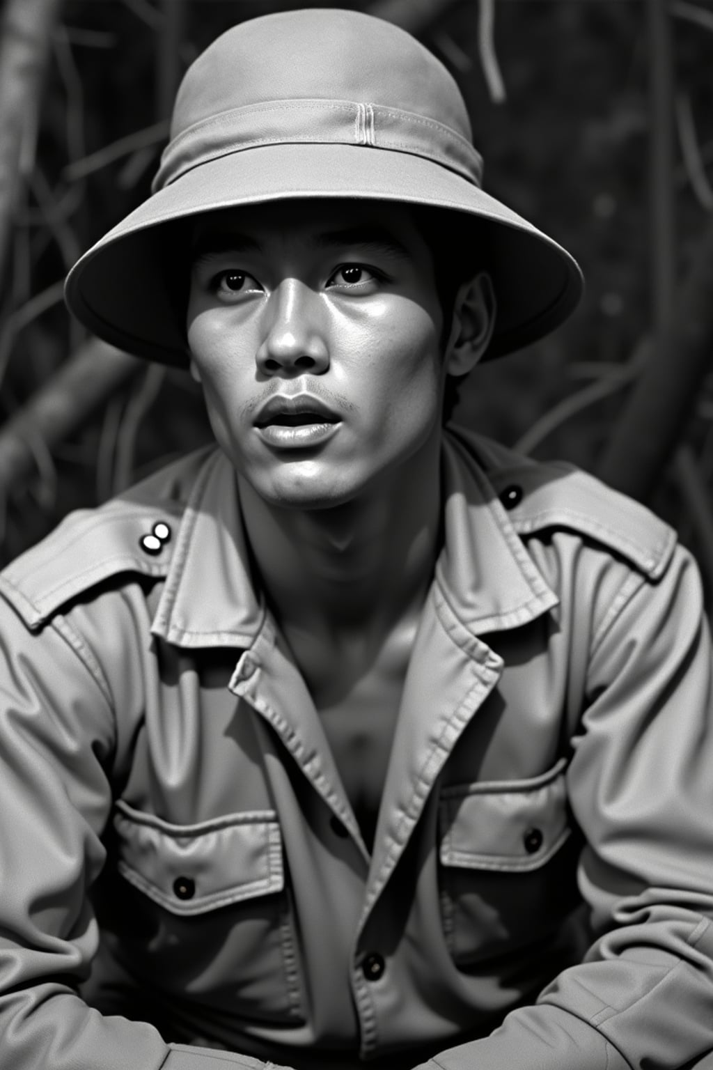 black and white 35mm film of man as a 1920s silent film  explorer in the style of early serials, wearing khaki explorer clothes with pith helmet, dramatic surprised expression, action pose, high-contrast black and white, jungle set with prop dangers