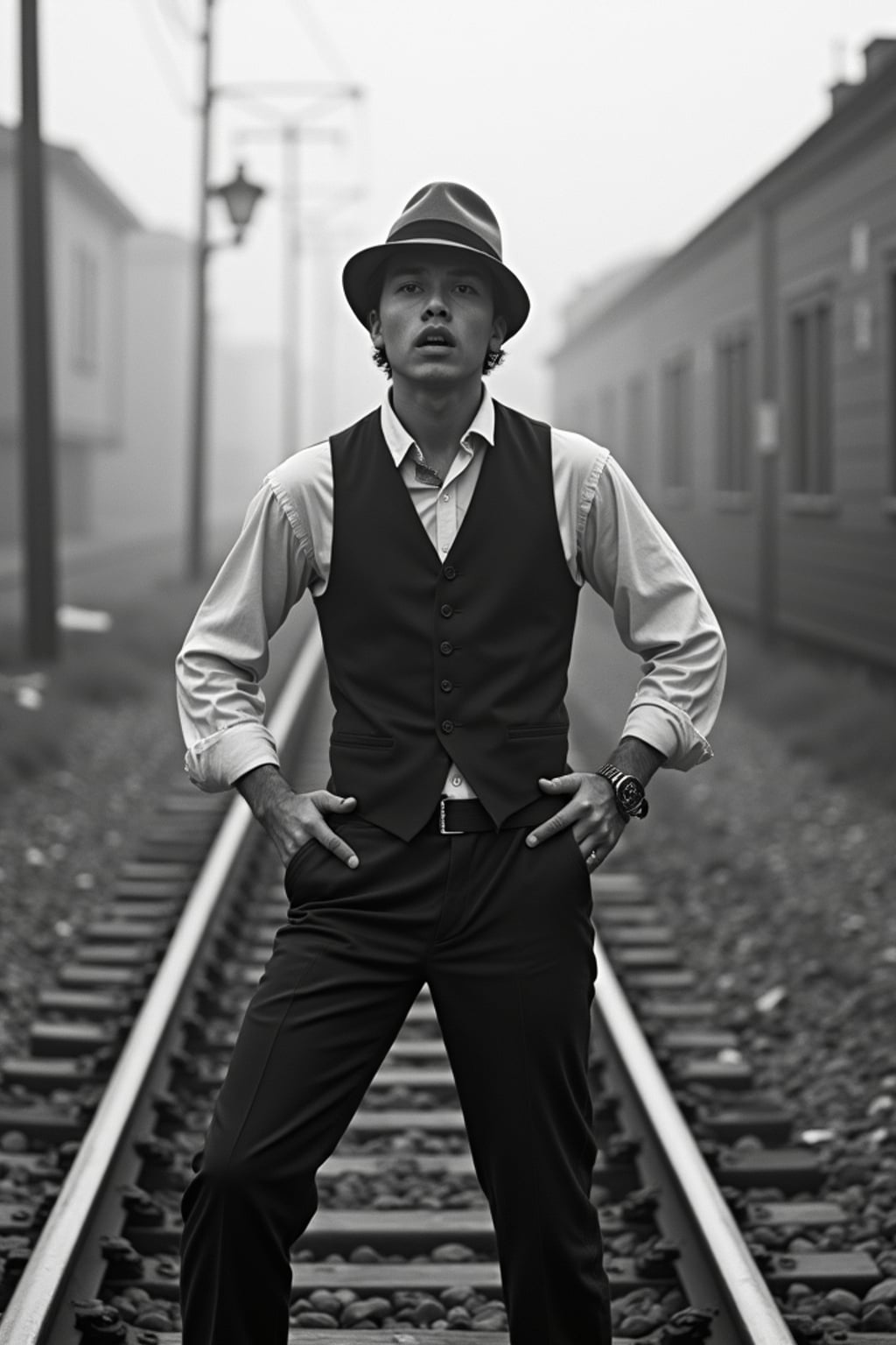 black and white 35mm film of man as a 1920s silent film  hero on railroad tracks, wearing a period waistcoat and trousers, exaggerated fearful expression, melodramatic pose, vignette effect, black and white with silent film aesthetic, title card nearby