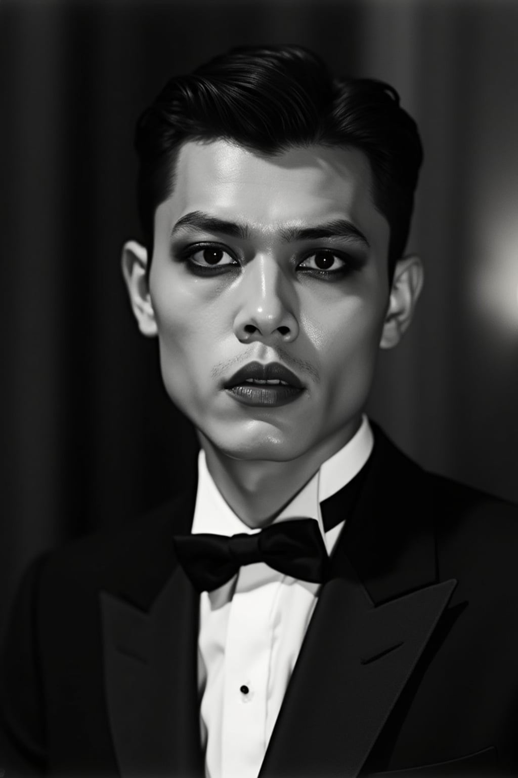 black and white 35mm film of man as a 1920s silent film  leading man with exaggerated dramatic expression, wearing a formal suit with bow tie, dramatic makeup with pale face and darkened eyes, high-contrast black and white photography, vintage film grain, art deco set design