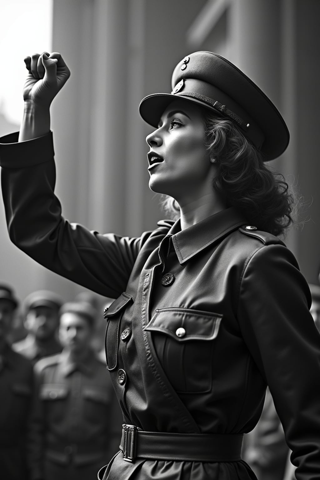 black and white 35mm film of woman as a 1920s silent film revolutionary leader addressing a crowd, wearing a military-inspired outfit with cap, passionate expression with raised fist , dramatic low angle shot, black and white with vintage film grain, propaganda poster aesthetic