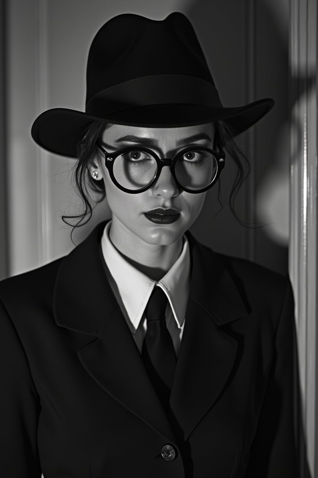 black and white 35mm film of woman as a 1920s silent film detective with magnifying glass, wearing a tailored suit with feminine details, exaggerated suspicious expression , dramatic shadows, black and white with film scratches, mysterious crime scene setting