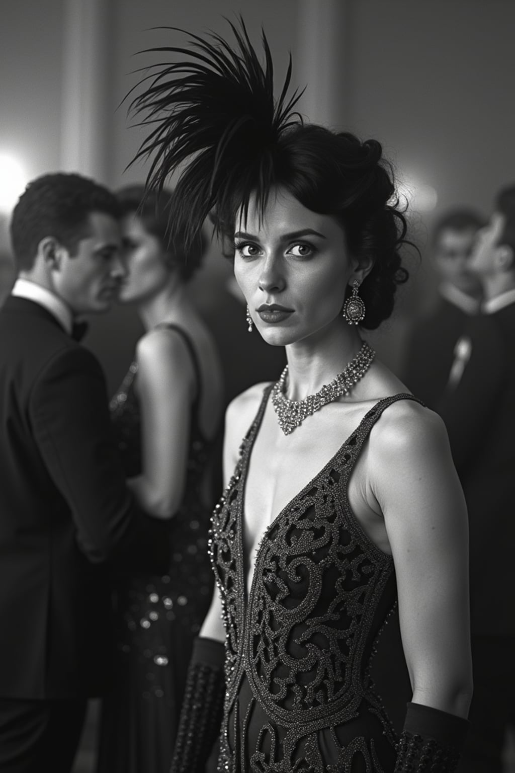 black and white 35mm film of woman as a 1920s silent film society lady at a grand ball, wearing an elaborate beaded gown with feather headpiece, exaggerated haughty expression , theatrical pose, black and white with iris vignette effect, ballroom setting