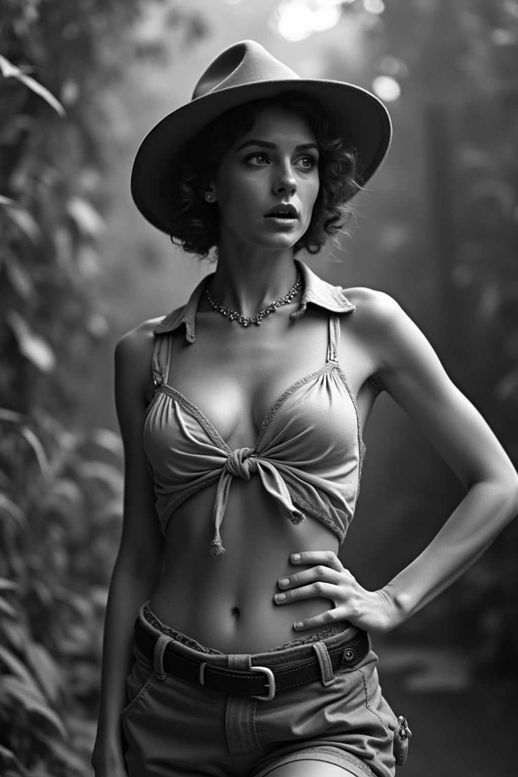 black and white 35mm film of woman as a 1920s silent film adventuress in the style of early serials, wearing a safari outfit with jodhpurs, dramatic surprised expression , action pose, high-contrast black and white, jungle set with prop dangers