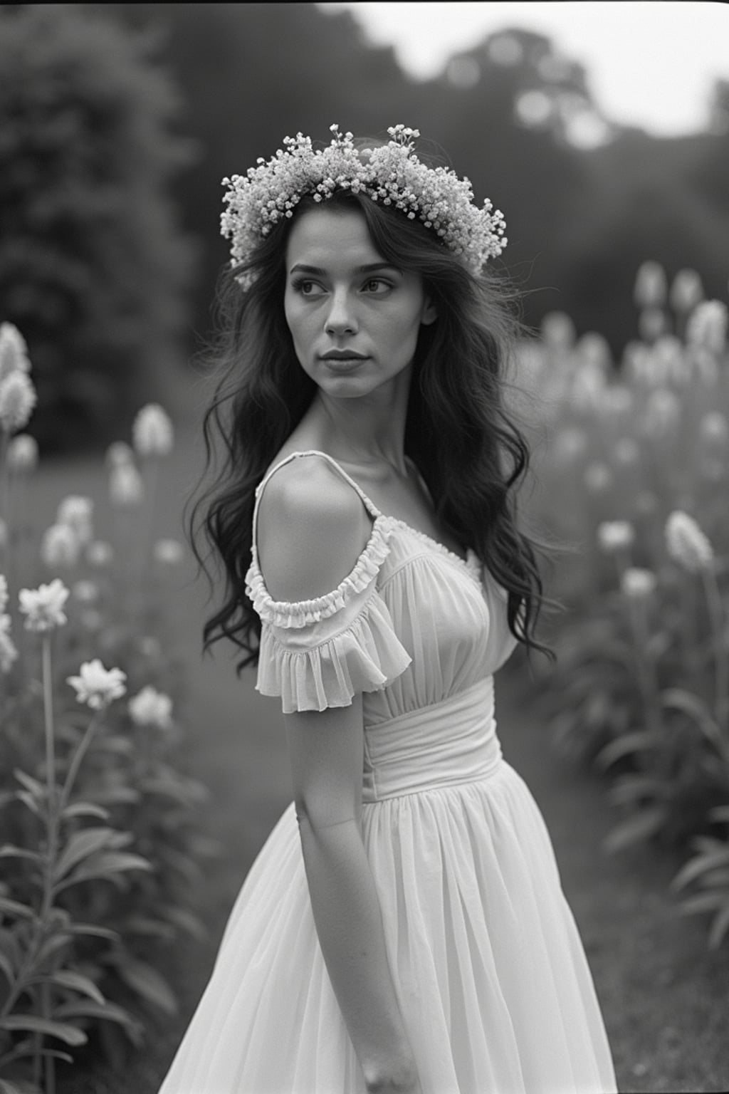 black and white 35mm film of woman as a romantic lead in a silent film, wearing a flowing white dress with flower crown, dreamy expression looking off-camera , soft focus effect, black and white with vintage film scratches, garden setting with flowers