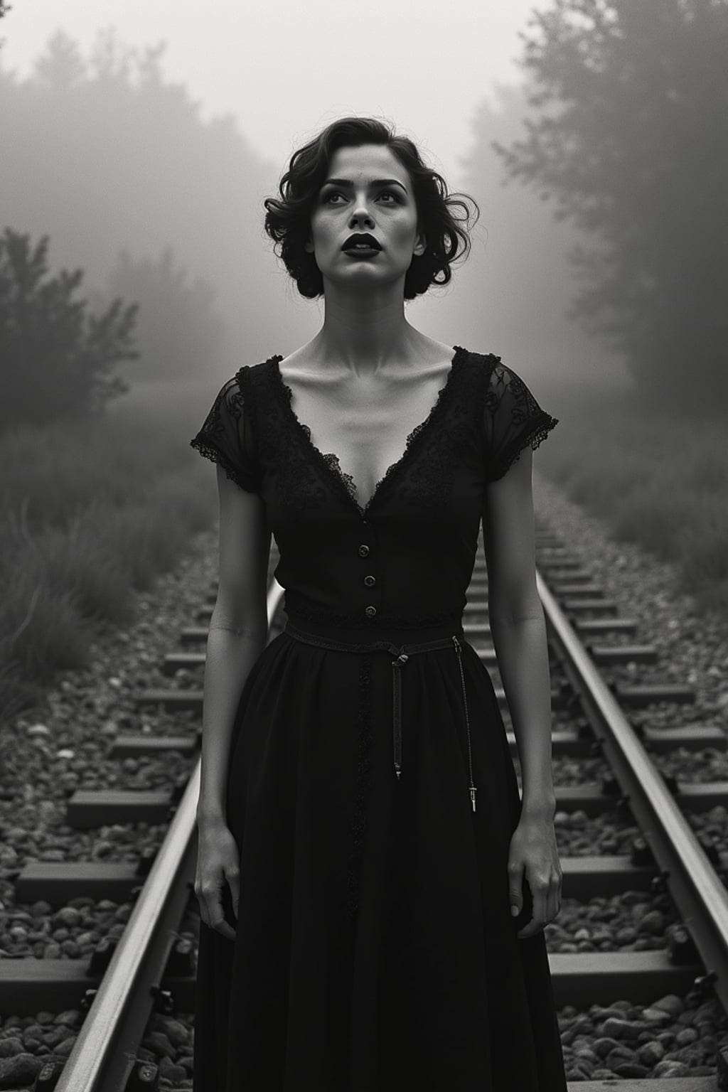 black and white 35mm film of woman as a 1920s silent film damsel on railroad tracks, wearing a Victorian-inspired dress, exaggerated fearful expression , melodramatic pose, vignette effect, black and white with silent film aesthetic, title card nearby