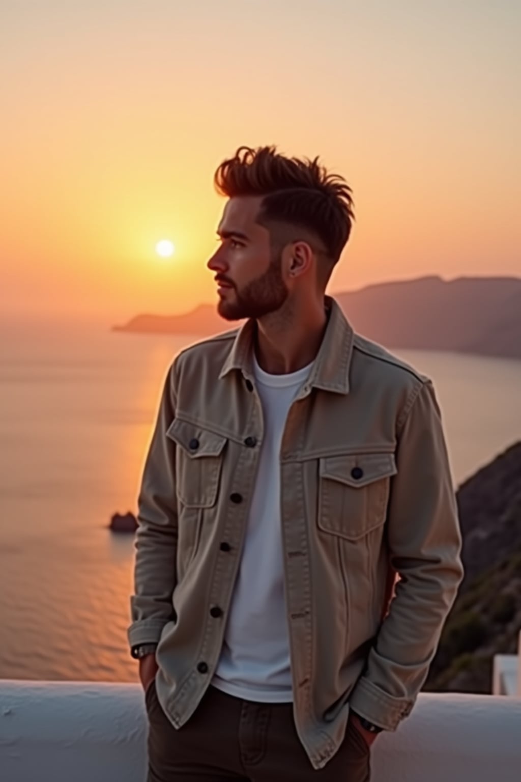 man watching sunset in Imerovigli, wearing  smart casual attire with light jacket, famous Santorini sunset colors