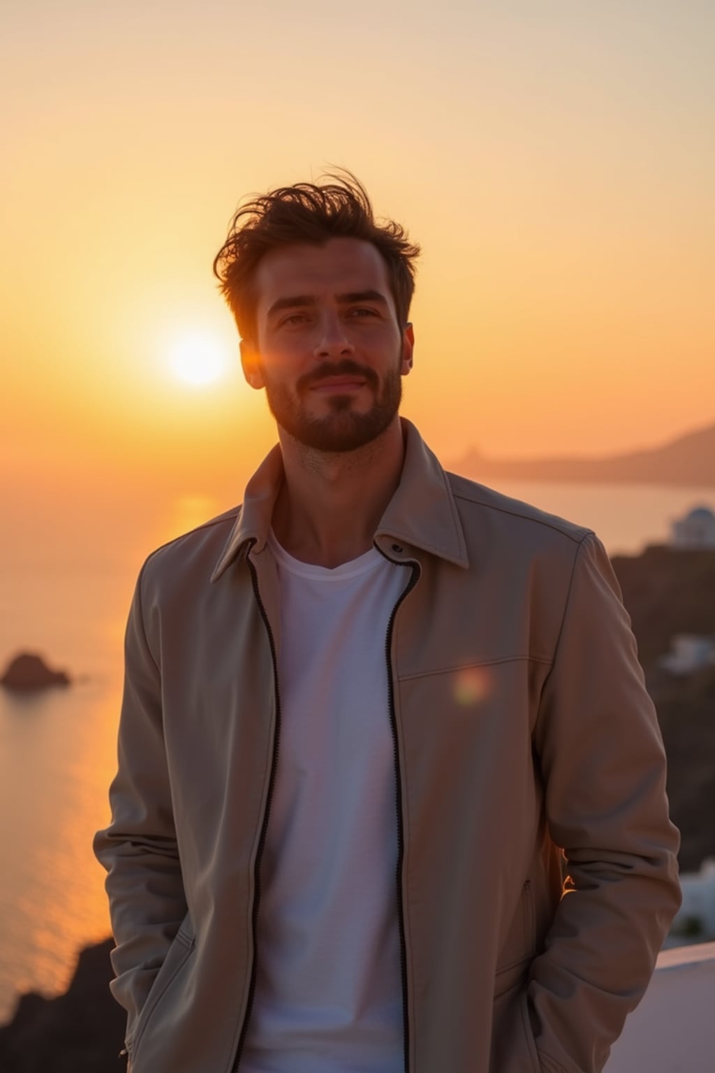 man watching sunset in Imerovigli, wearing  smart casual attire with light jacket, famous Santorini sunset colors