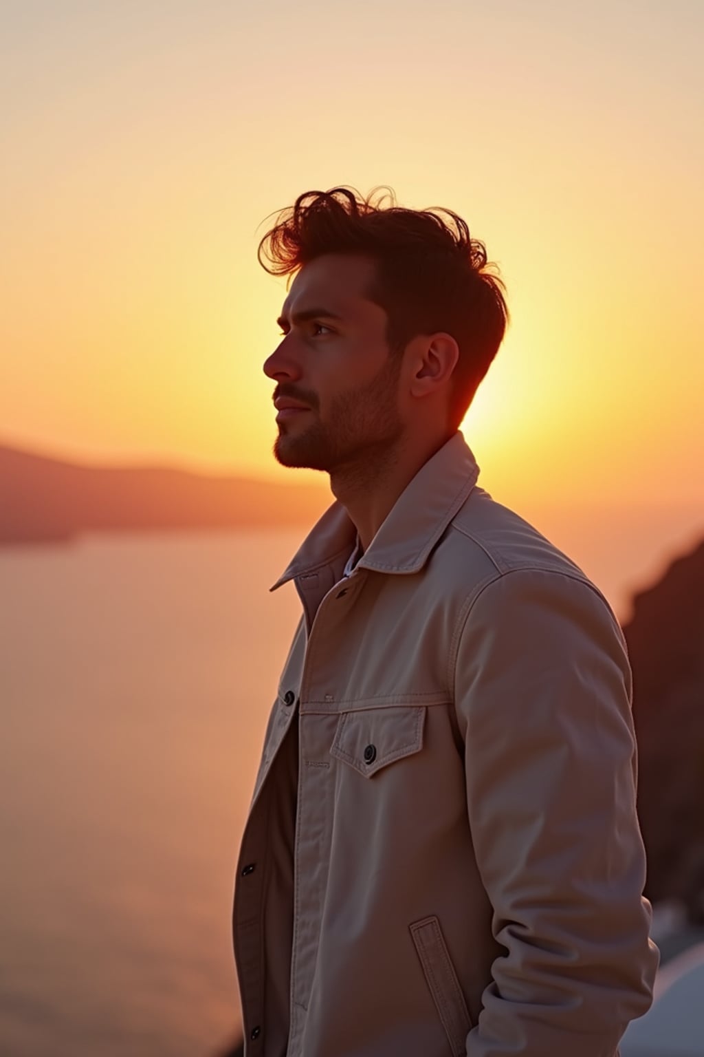 man watching sunset in Imerovigli, wearing  smart casual attire with light jacket, famous Santorini sunset colors
