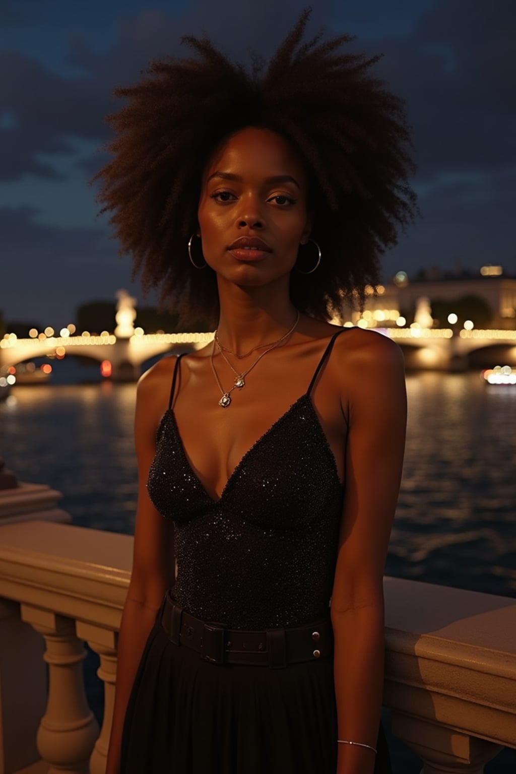 woman on Pont Alexandre III at night, wearing a glamorous evening outfit , Seine River and city lights in background