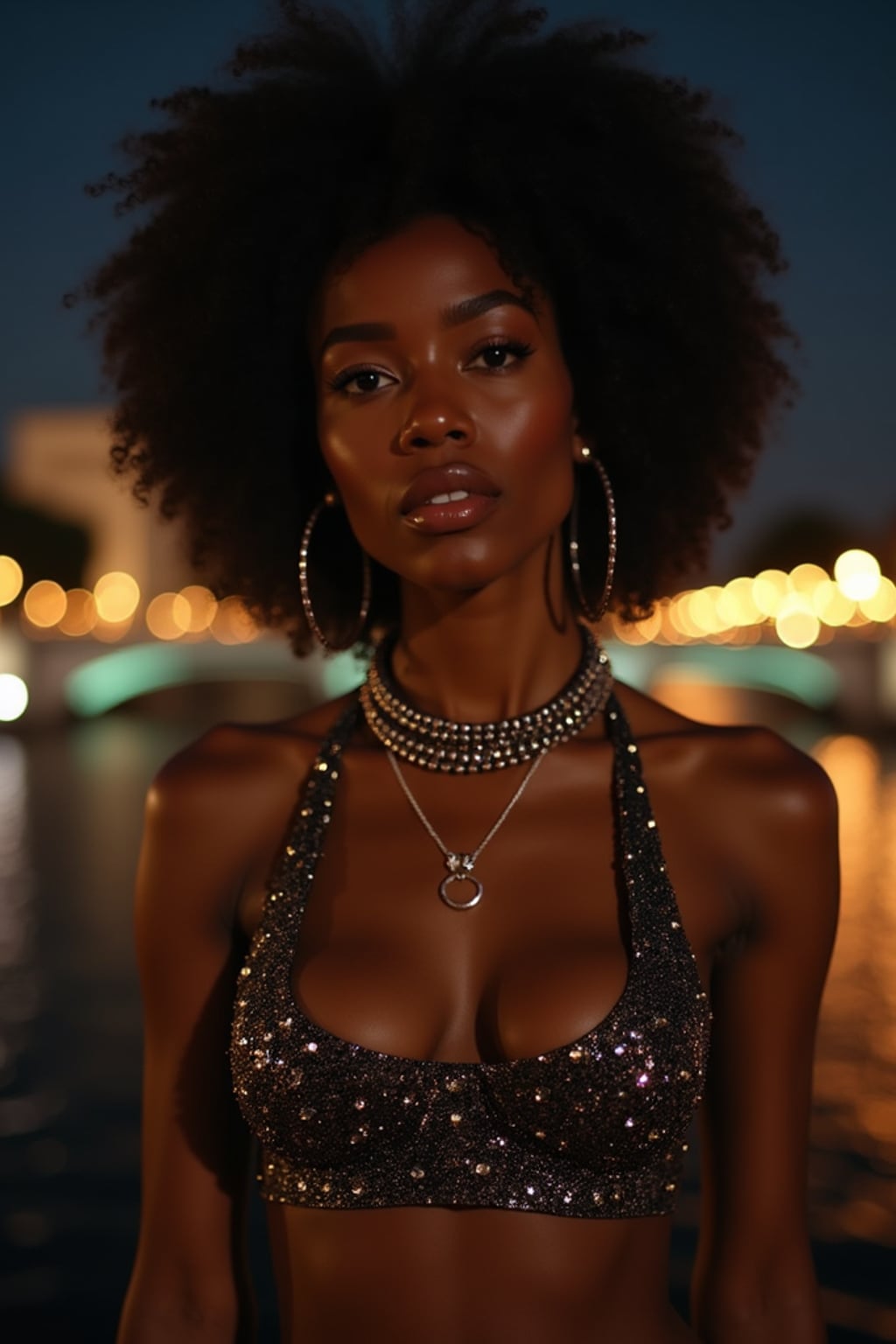 woman on Pont Alexandre III at night, wearing a glamorous evening outfit , Seine River and city lights in background