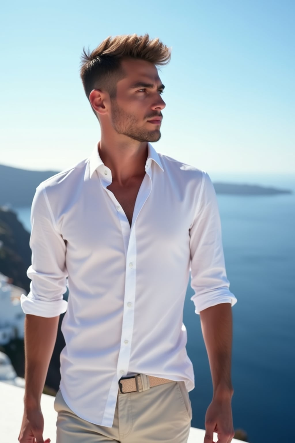 man at Santorini caldera viewpoint, wearing  a crisp white shirt with light pants, panoramic volcanic views and clear blue skies