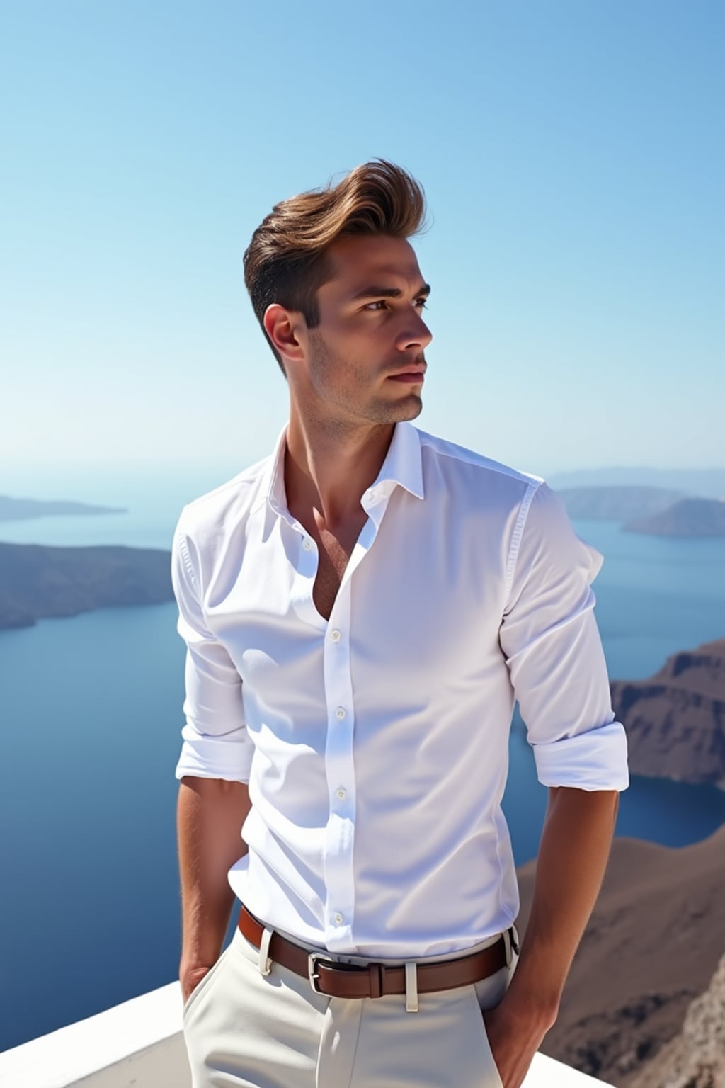 man at Santorini caldera viewpoint, wearing  a crisp white shirt with light pants, panoramic volcanic views and clear blue skies