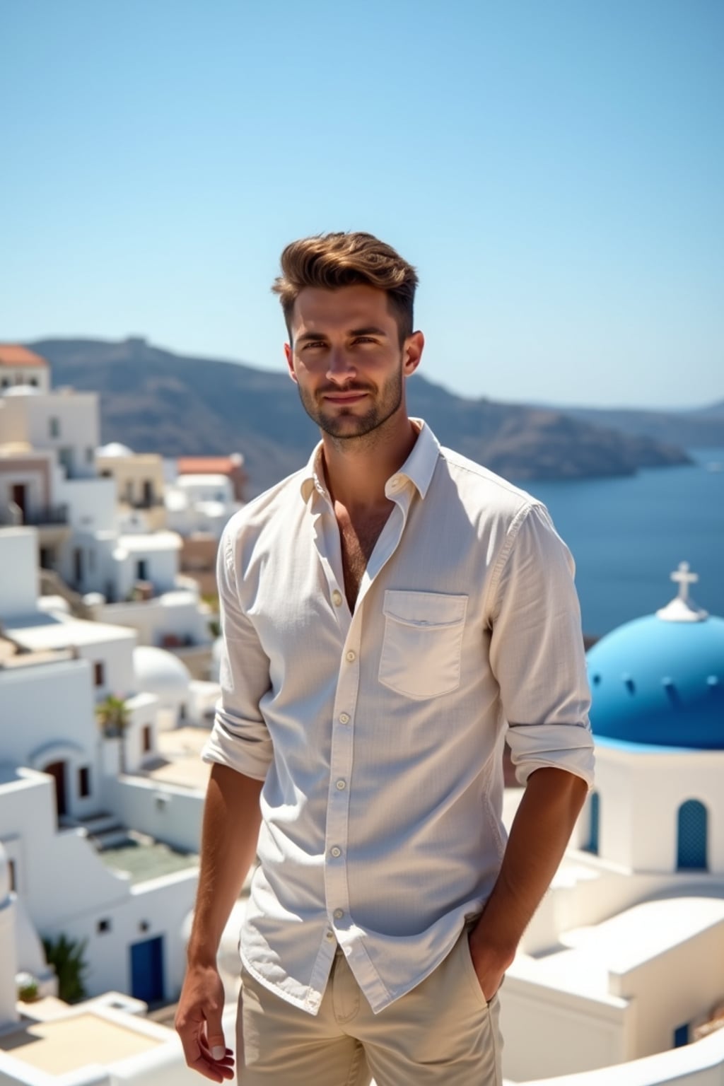 man in front of blue-domed churches in Oia, wearing  a light linen shirt with beige shorts, brilliant sunshine and Aegean Sea in background