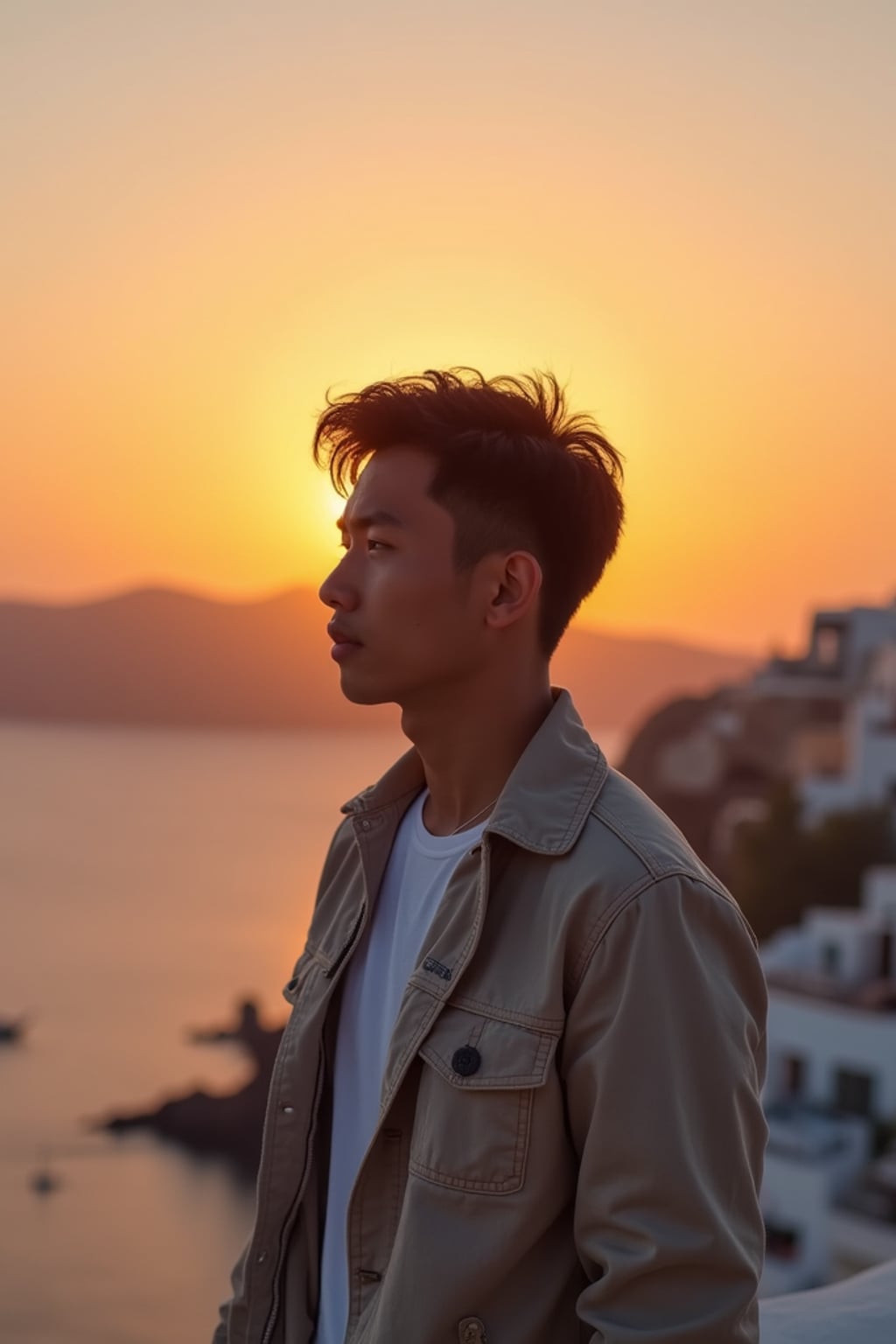 man watching sunset in Imerovigli, wearing  smart casual attire with light jacket, famous Santorini sunset colors
