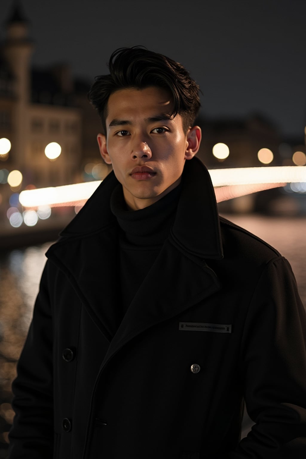 man on Pont Alexandre III at night, wearing  a stylish dark outfit, Seine River and city lights in background