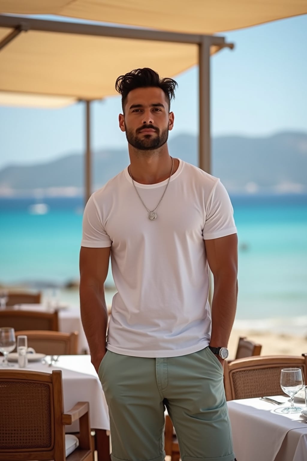 man at a beachside taverna in Kamari, wearing  casual shorts with a fitted t-shirt, fresh Greek seafood and ocean views