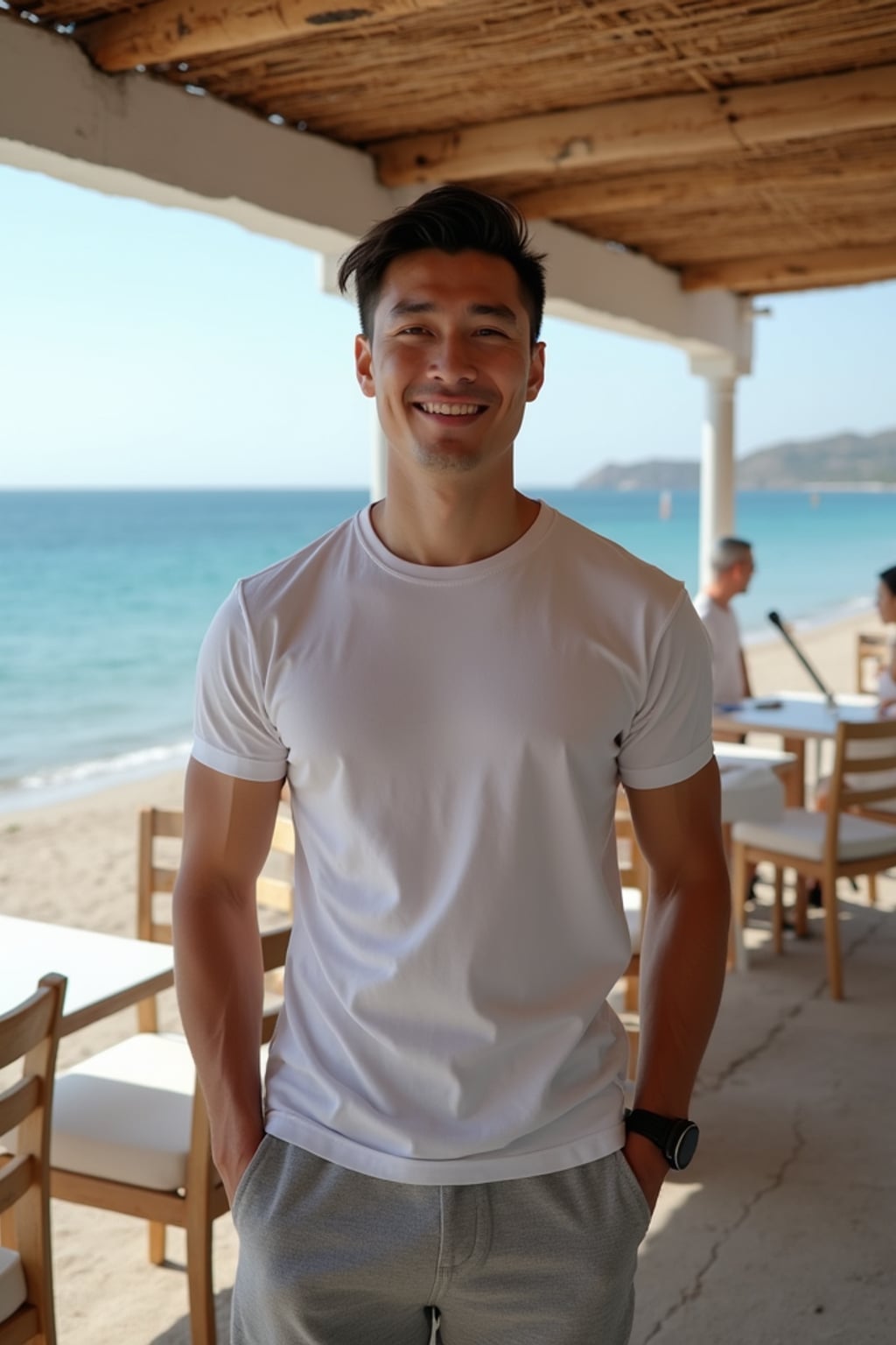 man at a beachside taverna in Kamari, wearing  casual shorts with a fitted t-shirt, fresh Greek seafood and ocean views