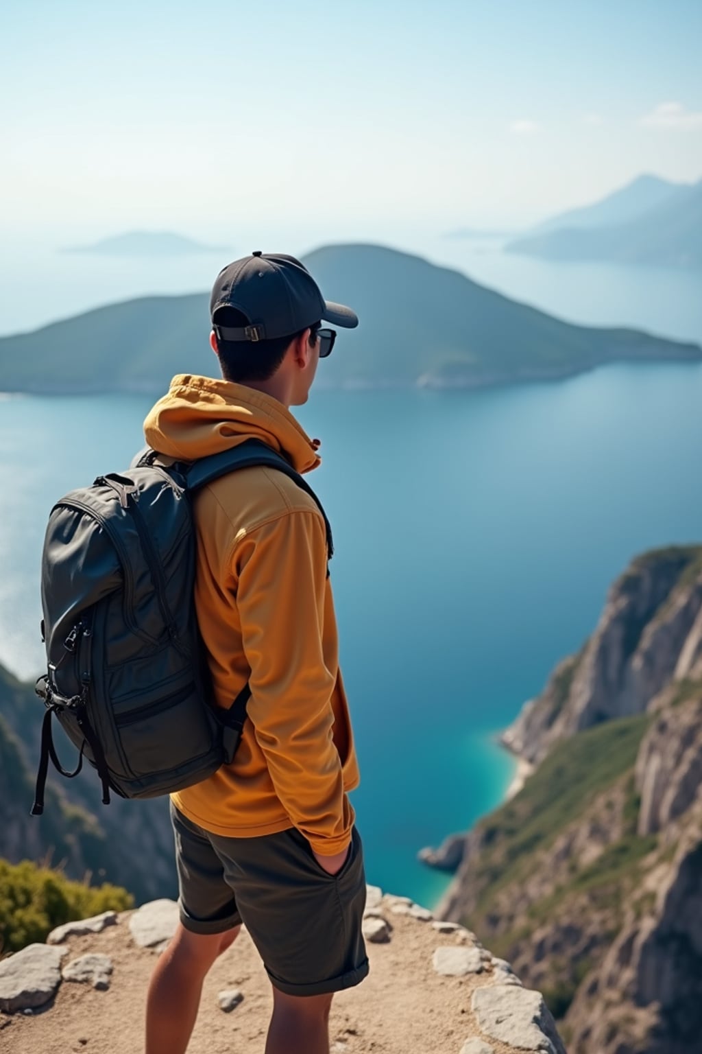 man at Skaros Rock viewpoint, wearing  comfortable hiking clothes with cap, breathtaking 360-degree island views