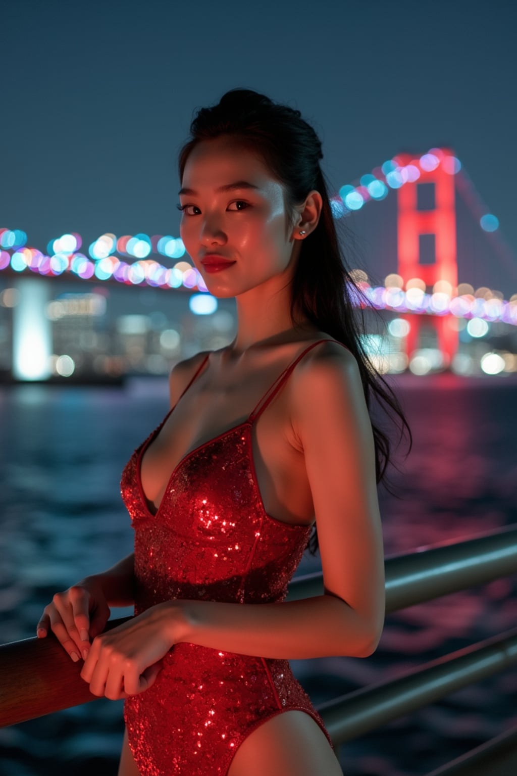woman on Rainbow Bridge at night, wearing a glamorous evening outfit , Tokyo Bay and city lights in background