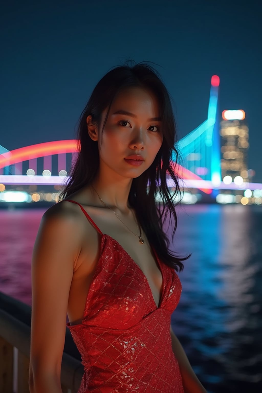 woman on Rainbow Bridge at night, wearing a glamorous evening outfit , Tokyo Bay and city lights in background