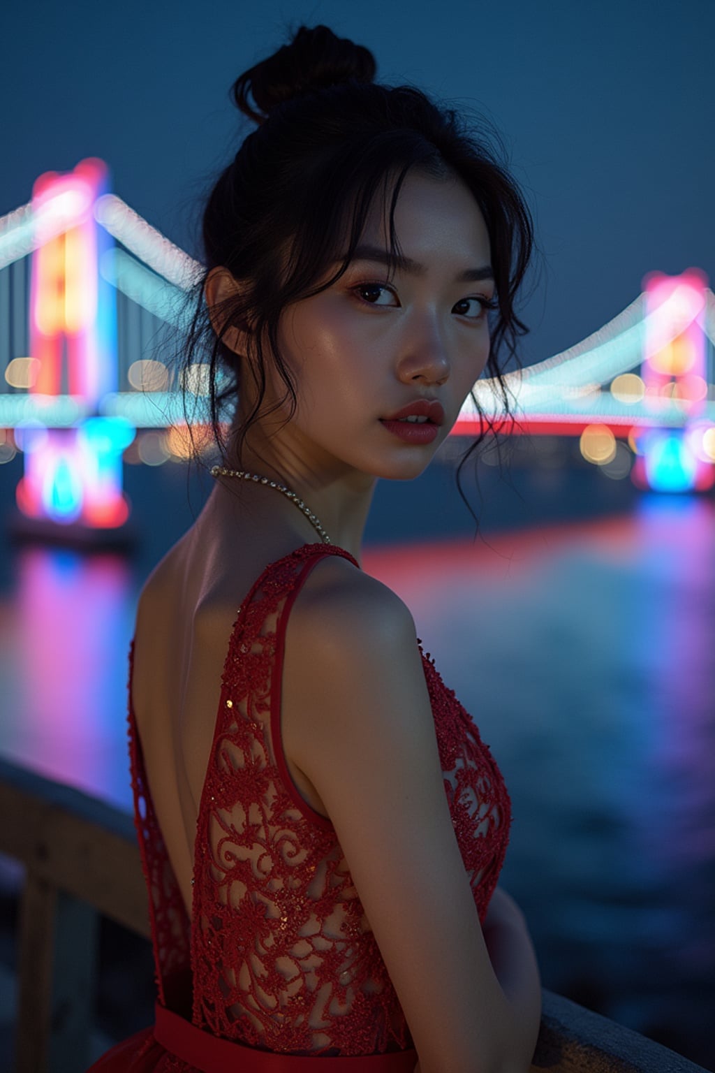 woman on Rainbow Bridge at night, wearing a glamorous evening outfit , Tokyo Bay and city lights in background