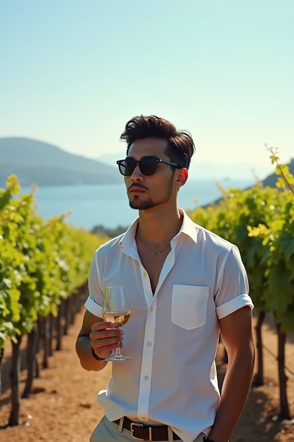 man wine tasting at a Santorini vineyard, wearing  smart casual outfit with sunglasses, rows of grapevines with sea views