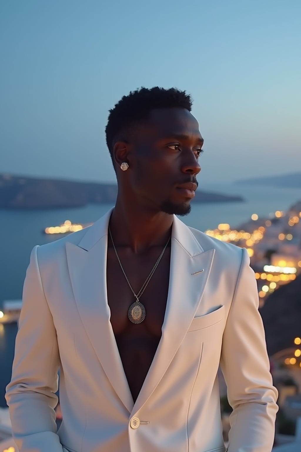 man on a private terrace overlooking Mykonos Town, wearing  a sophisticated white suit with no tie, twinkling city lights below