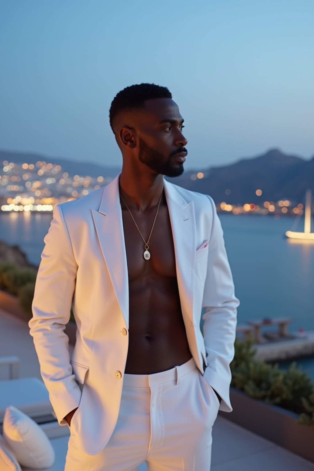 man on a private terrace overlooking Mykonos Town, wearing  a sophisticated white suit with no tie, twinkling city lights below