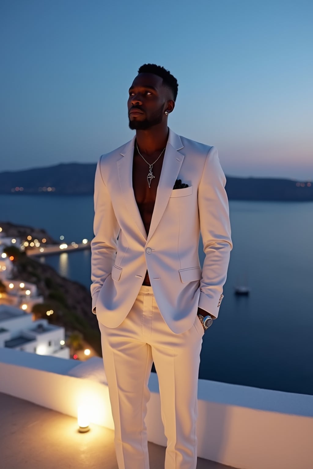 man on a private terrace overlooking Mykonos Town, wearing  a sophisticated white suit with no tie, twinkling city lights below