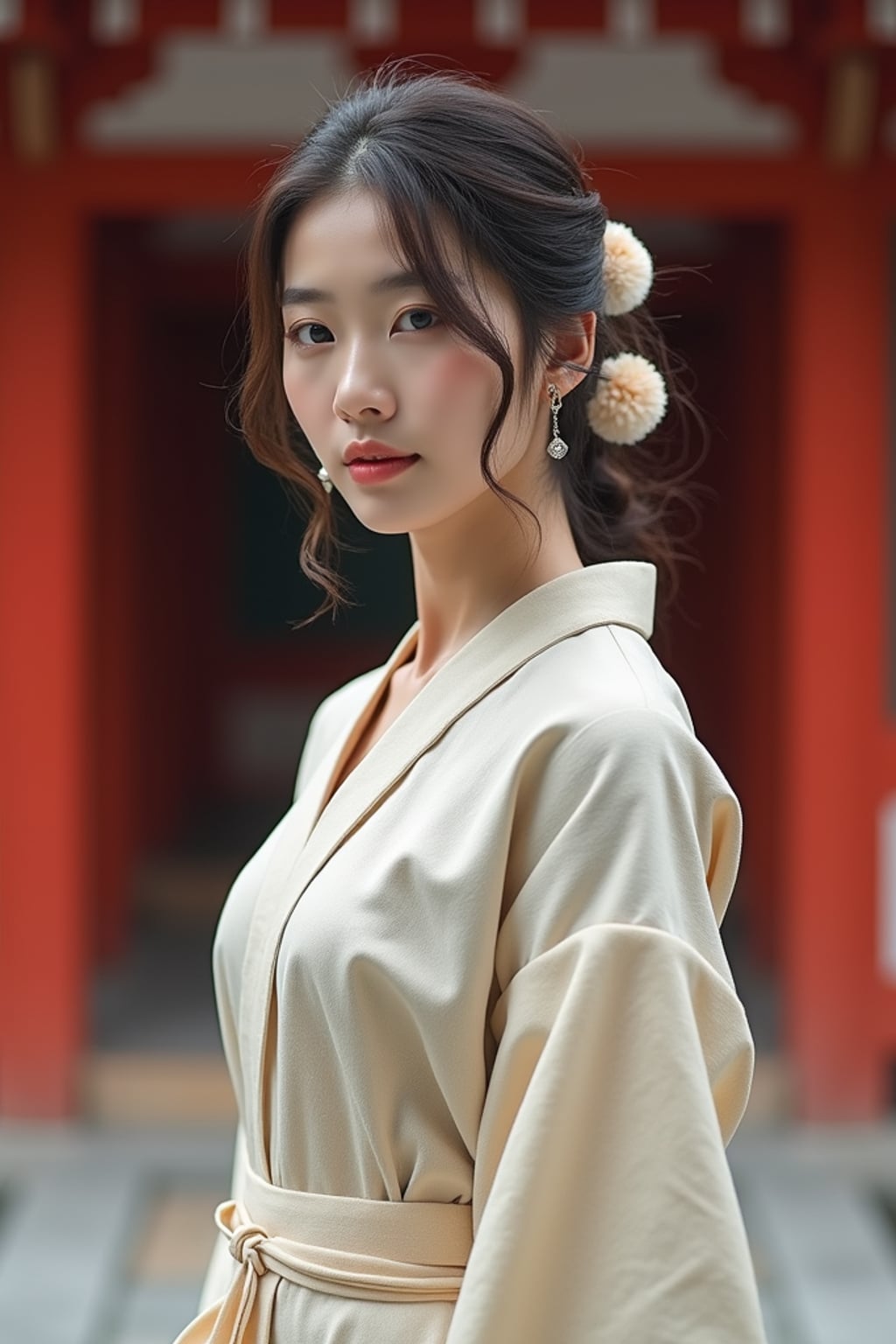 woman at Asakusa temple, wearing a modest summer dress with light scarf , traditional architecture visible