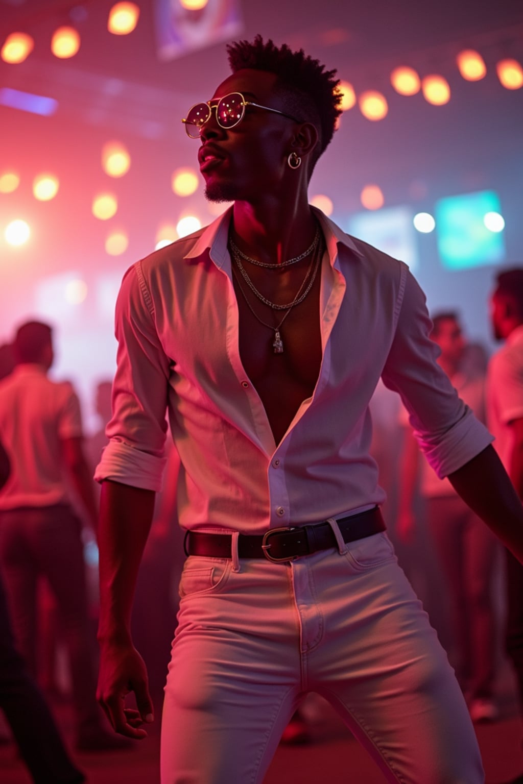 man dancing at an open-air club, wearing  white jeans with a stylish fitted shirt, DJ lights and vibrant atmosphere