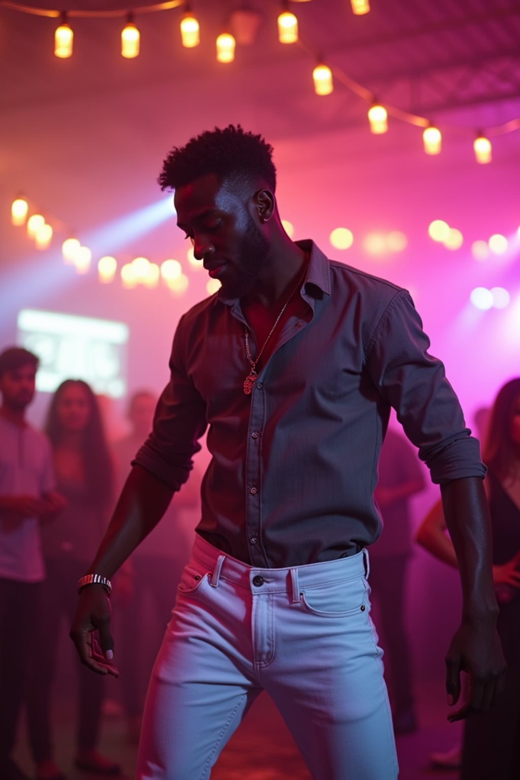 man dancing at an open-air club, wearing  white jeans with a stylish fitted shirt, DJ lights and vibrant atmosphere